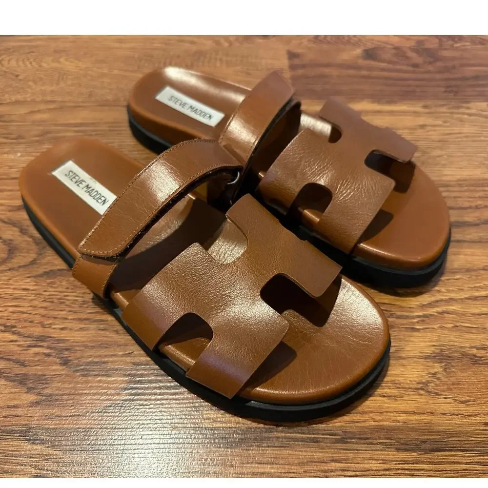 Steve Madden Mayven Leather Slides Camel Size 9 Minimalist Chic - Picture 1 of 10